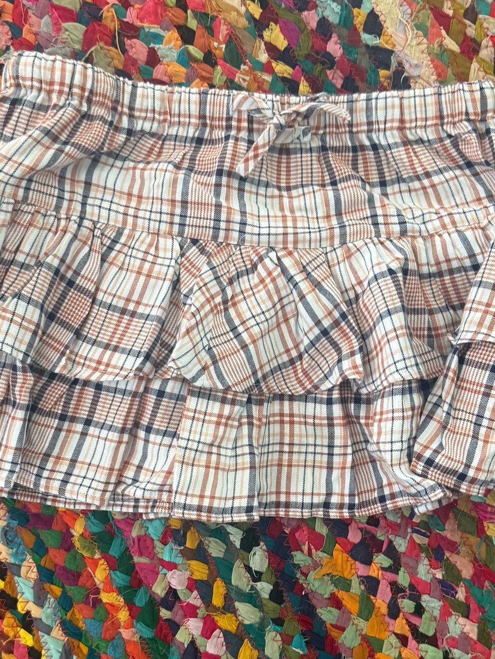 H&M Plaid Ruffle Mini Skirt in White, Tan & Navy